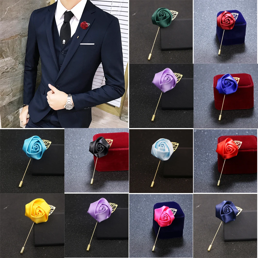 Bridegroom Wedding Brooches Men Brooch Pin Burgundy Canvas Fabric Ribbon Rose Flower Groom Tie Pins Men's Suit Accessories