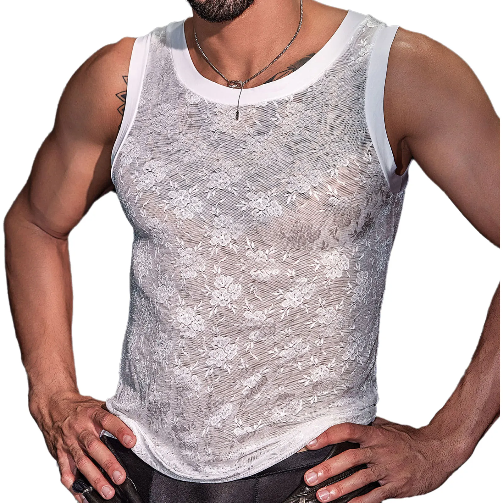 

Mens See Through Floral Lace Tank Tops Crew Neck Sleeveless Stretchy Stylish Vest Singlets Clubwear for Party Dialy Casual Tops