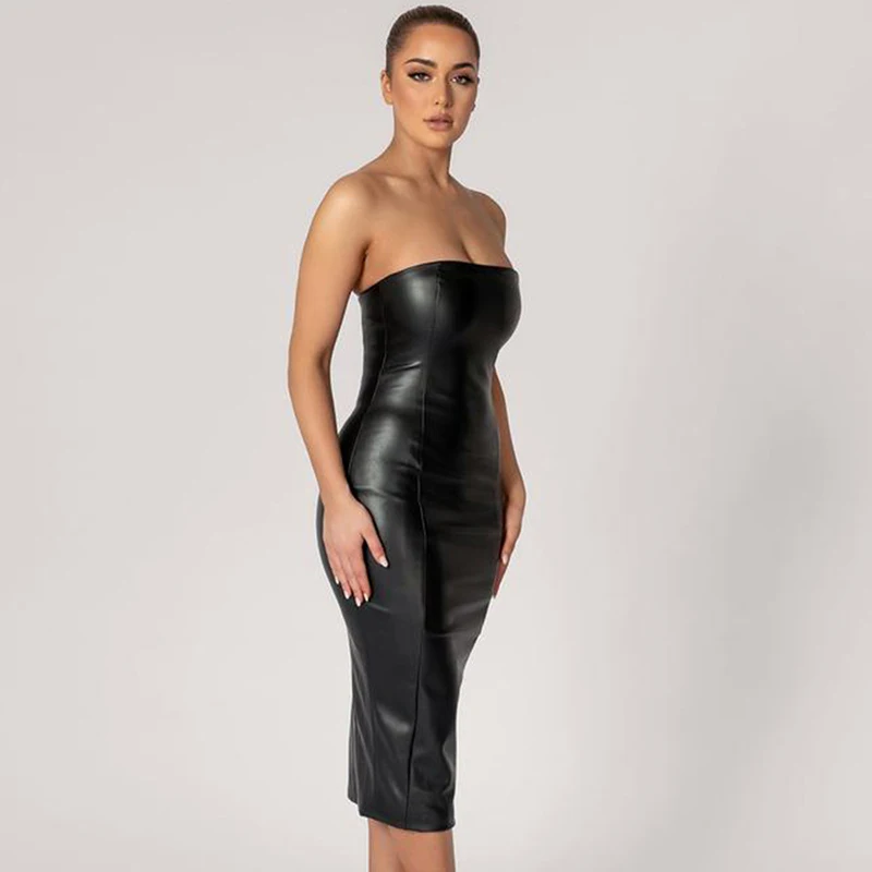 Solid Color PU Leather Fashionable Temperament Slim Fit Strapless Split Open Explosive Sexy Mid Length Skirt