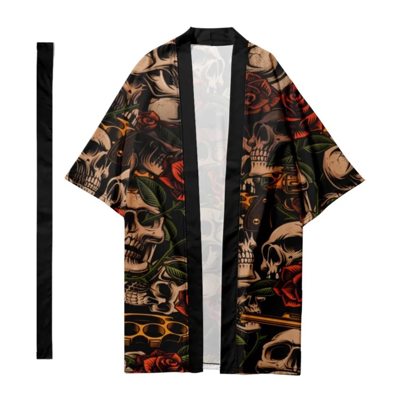 

Men's Japanese Traditional Skull pattern Stripes Long Kimono Cardigan Samurai Bathrobes Kimono Shirt Yukata Jacket