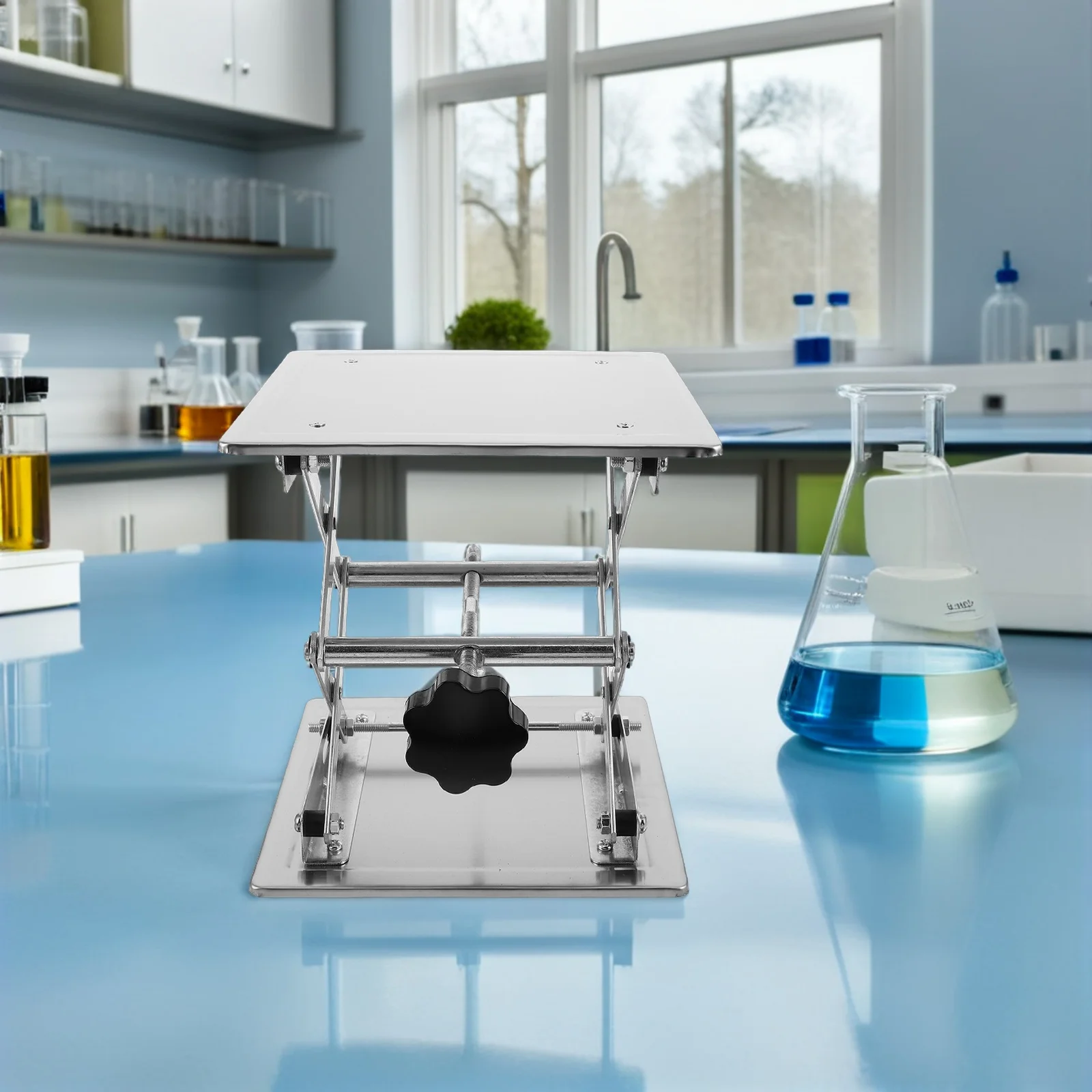 Laboratory Lift Stand Stainless Steel Adjustable Scissor Jack Platform Table 200x200mm Manual Mini Table Lift Lab Support