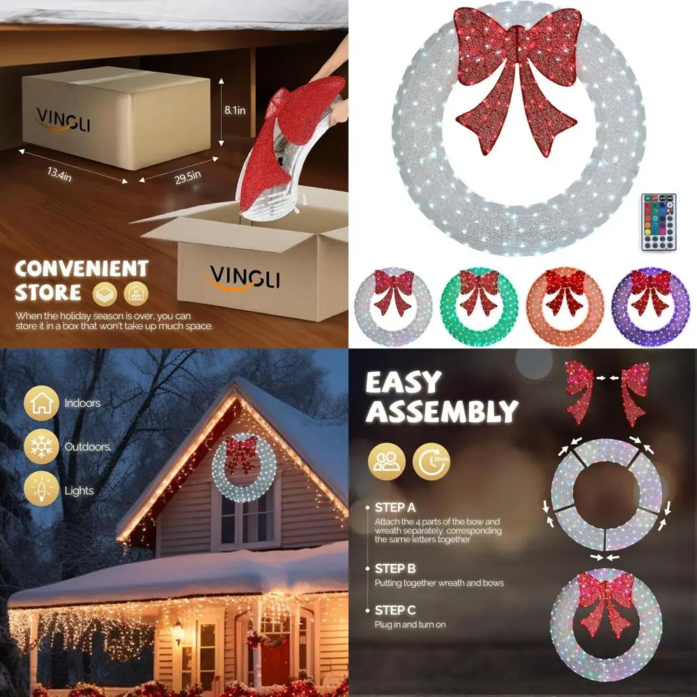 

48 LED-lit Multicolor Christmas Wreath, 224 Lights, Outdoor Door Decor with Red Bow, Timer Remote, Plug-in, White