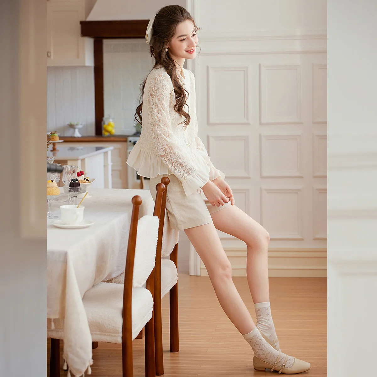 LOUISYAO 2026 Spring Summer Autumn Hollow Embroidery Blouse Round Neck Hem Ruffle Long Sleeve Women Shirt