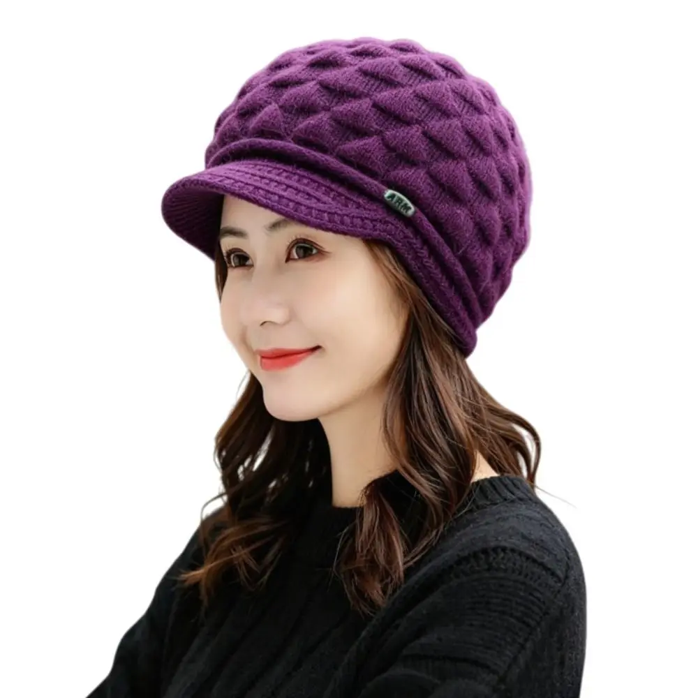 Diamond Pattern Women's Winter Visor Beanie Extended Sides Soft Lined Newsboy Knit Cap Warm Loose Fit Ear Cover Hat Commuting