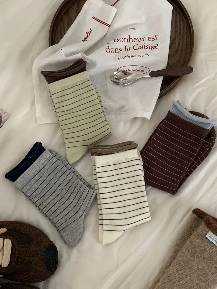 Trendy Stripe Socks for Women Cotton Mid-Calf Autumn Winter Spring Home Wear Sport Style 4 Pairs Pack Color Block Turn-down 