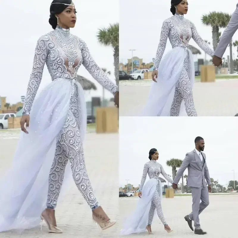 

Customized Wedding Gorgeous Jumpsuits High Neck Beads Crystal Long Sleeves Modest Dresses African Bridal Gowns