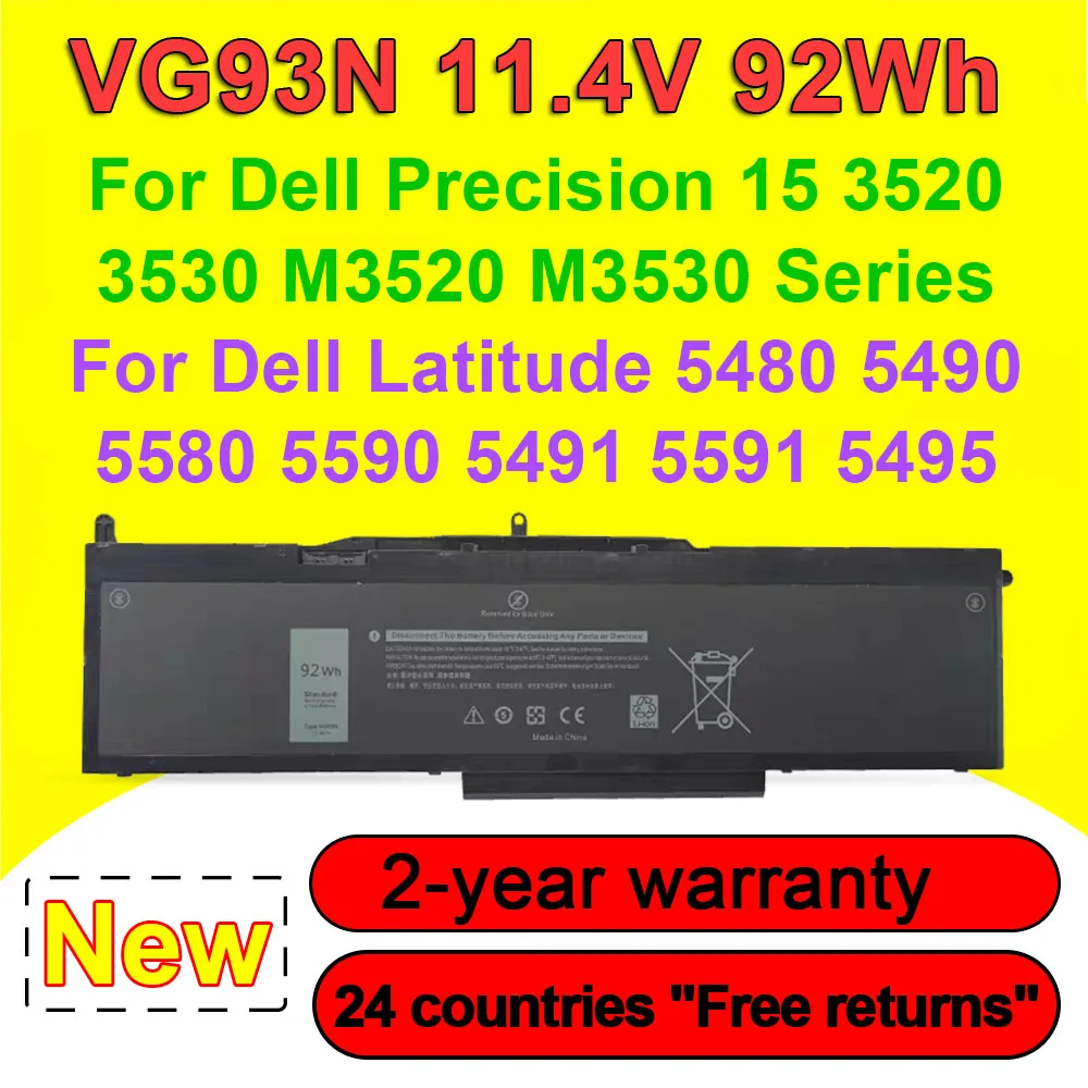 

VG93N Laptop Battery 11.4V 92Wh For DELL Precision 15 3520 3530 M3520 M3530 Latitude 5480 5490 5580 5491 5591 5495 Series