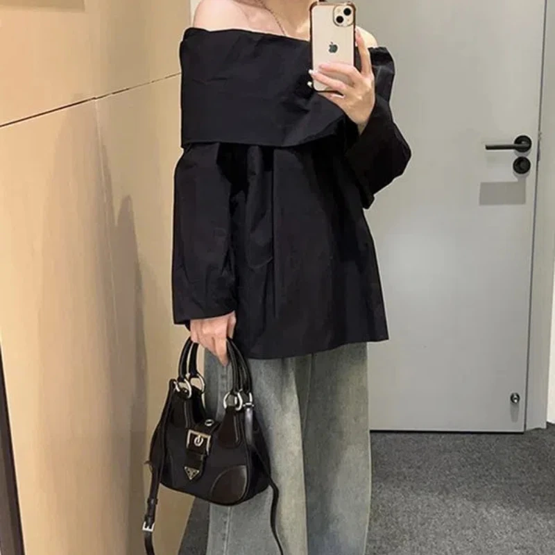 Black Shirt for Women Spring and Autumn New High-end Style Wide Truffle Shoulder Niche Design Sense Versatile Sexy Sweet Tops