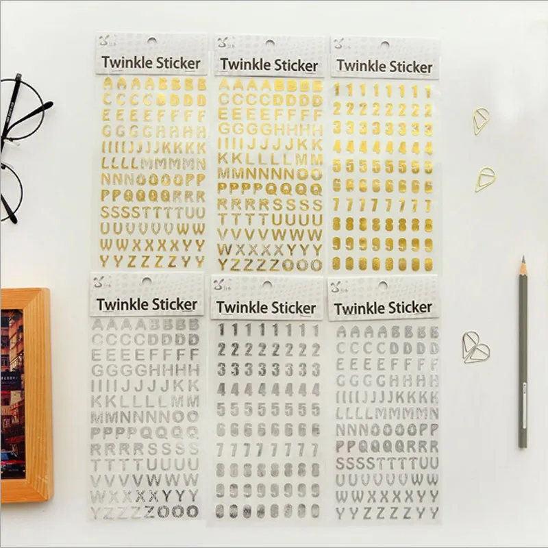 1pcs Bronzing Student Scrapbook Sticker Reward Number Letter DIY Handmade Diary Hand Ledger Retro Decoration Kawaii Sticker