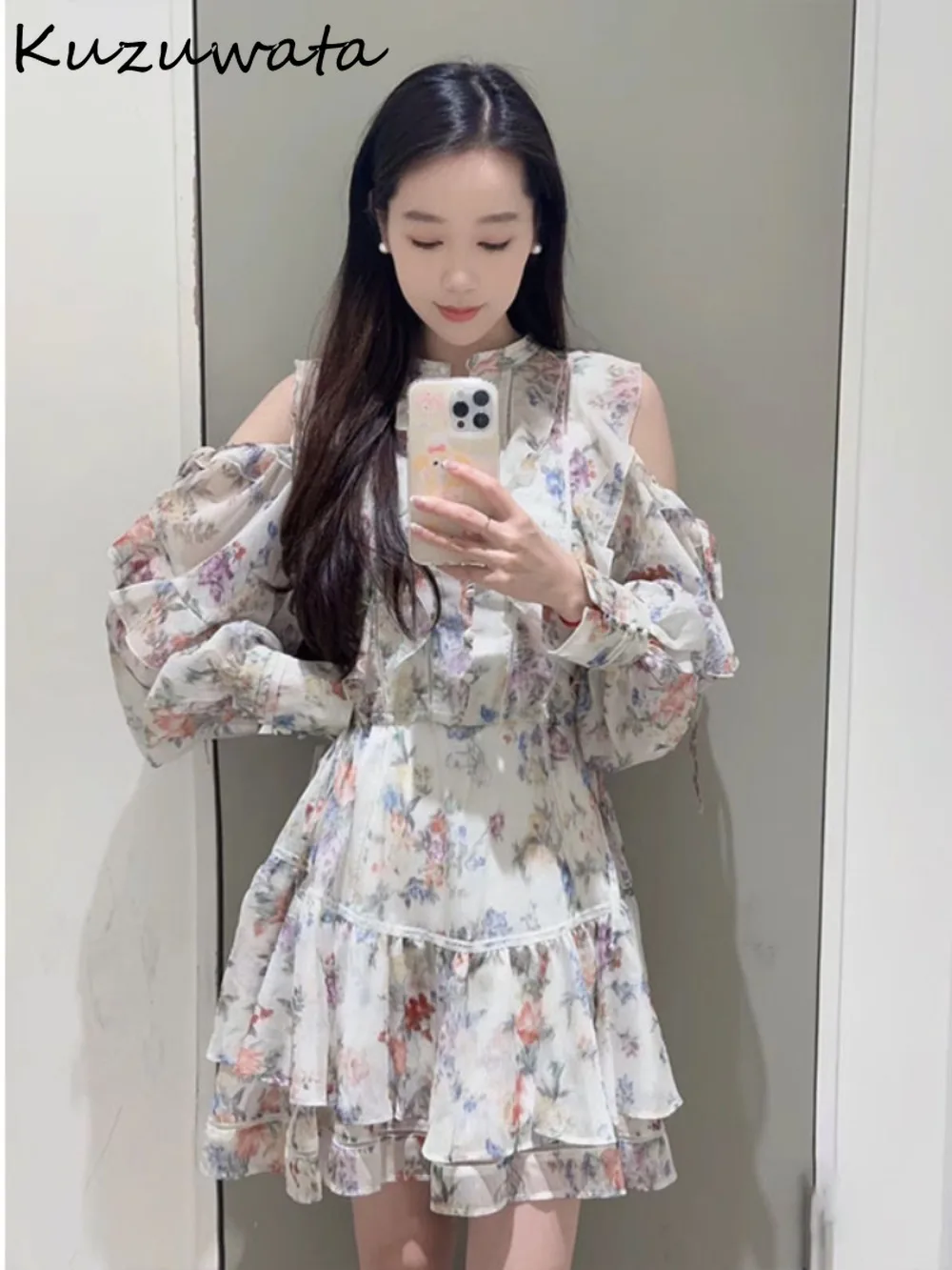 Kuzuwata New O Neck Lantern Sleeve Sweet Vestidos Off Shoulder Print Ruffles Patchwork Robe Japan New Lace Up Slim Fit Dress