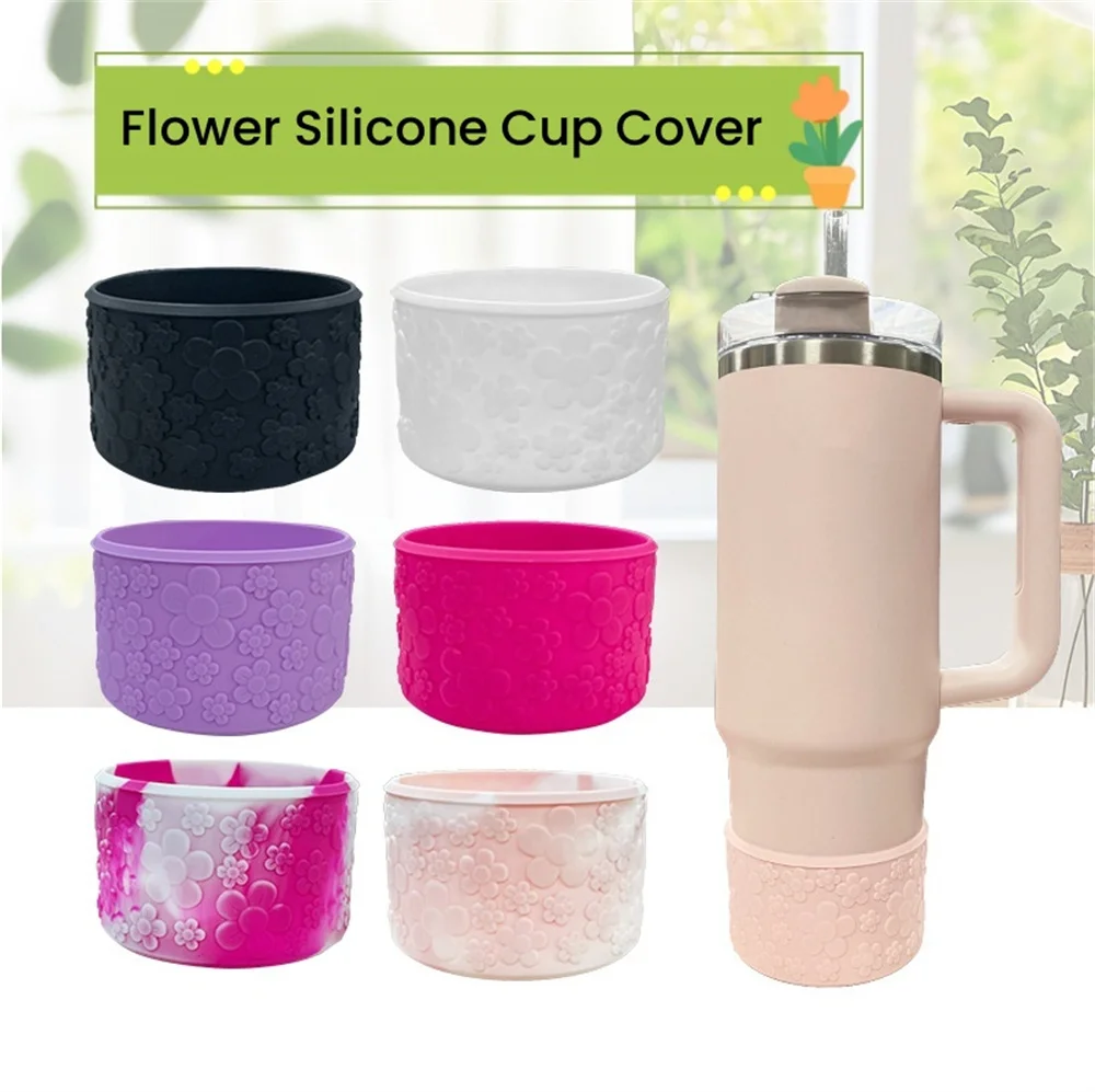 3D Flower Pattern Silicone Boot Sleeve Protective Water Bottle Bottom Bumper Silicone Cup Cover Compatible with Stanley Tumbler