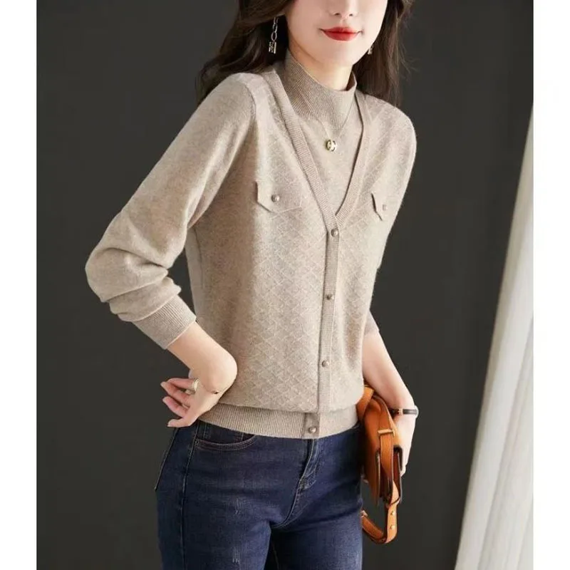 2023 New Autumn and Winter Fashion Half High Collar Spliced Fake Two Piece Top Temperament Commuter Women's Button Sweater