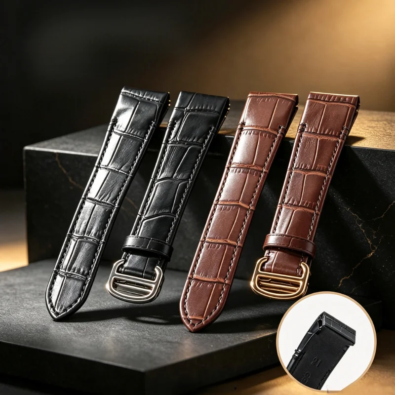 leather watch strap  for Santos 100 men wome folding buckle strap 21mm bracelet ﻿ Spring bar Curved End
