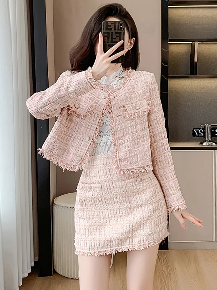 Autumn Winter New Small Fragrant Women's Tassel Pink Tweed Short Jacket Coat + Mini Skirt Sets French Elegant Two Piece Set