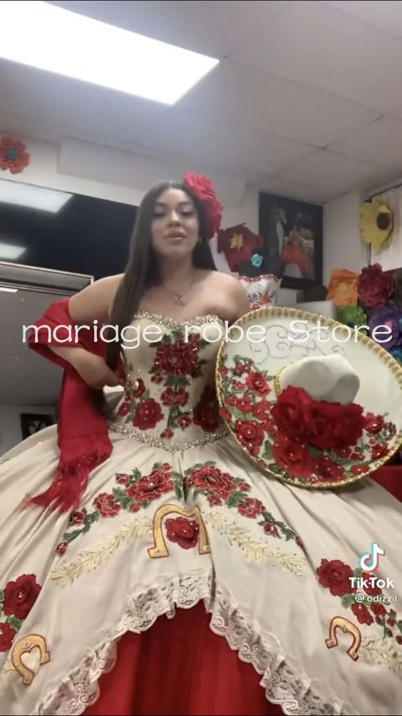 Mariachi Mexican Charro Princess Quinceanera Dresses 2025 White Red Puffy Skirt Sweetheart Lace-up Floral vestido de 15 anos