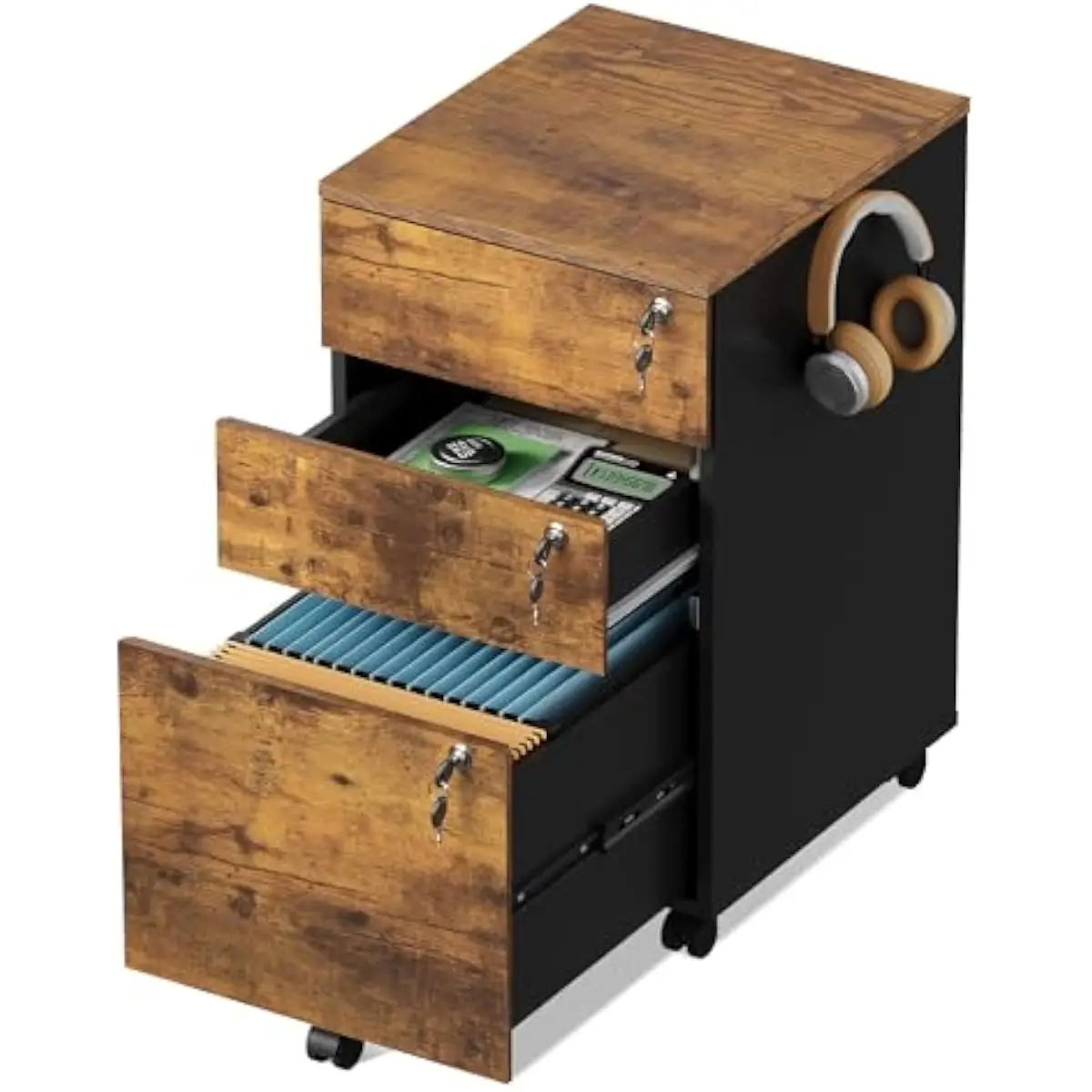 3-drawer engineered wood filing cabinet with independent locking mechanism silent full-extension slides adjustable rails for Let