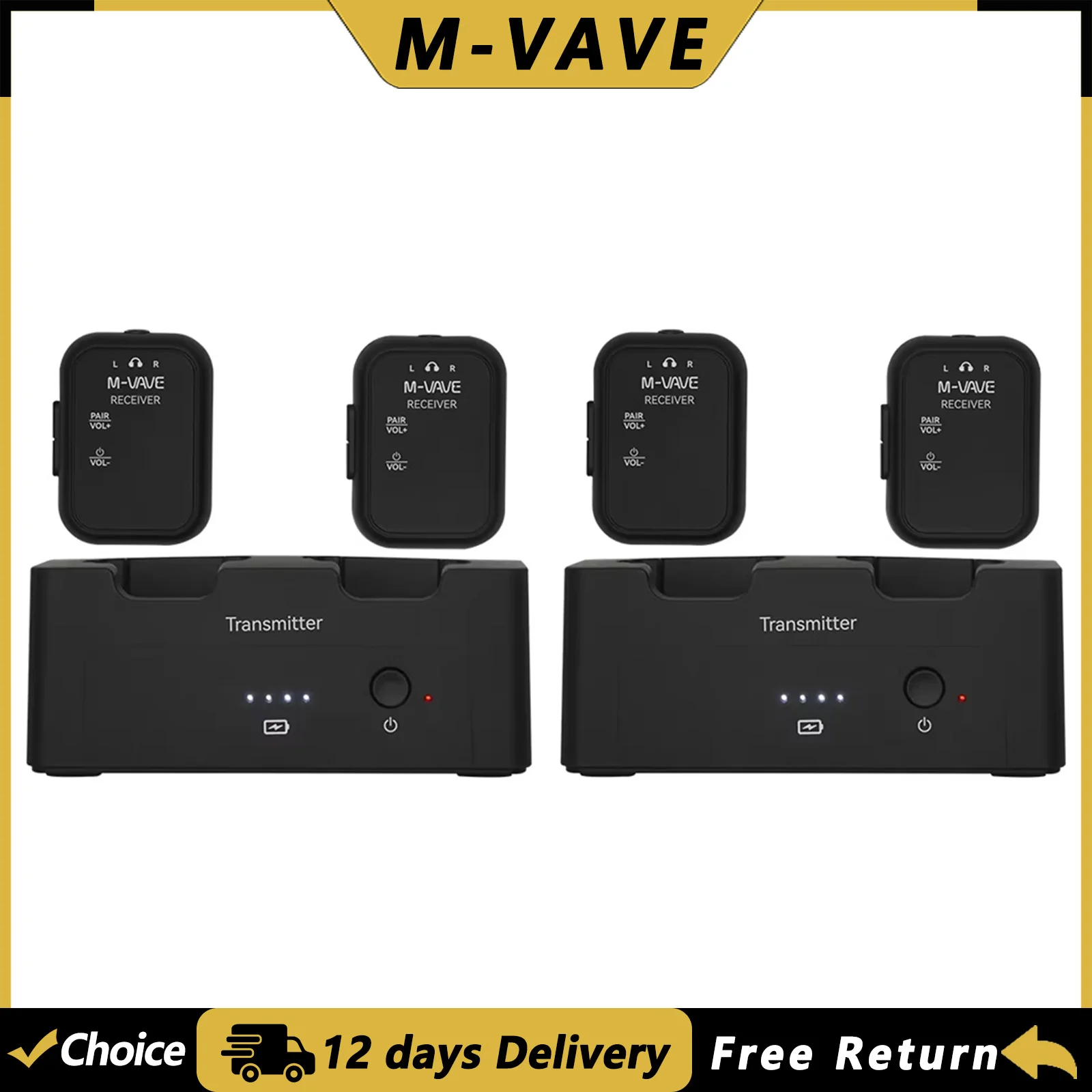 

Комплект из 2 беспроводных мониторных систем для наушников M-VAVE WP-12, перезаряжаемые, 2.4G, 1 передатчик, 2 приемника, стерео/моно запись