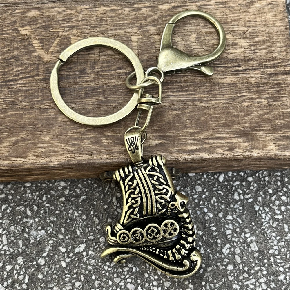 Nostalgia Viking Drakkar Ship Keychain Norse Boat With Valknut Helm Of Awe Odin Horn Symbols Amulet Keyring