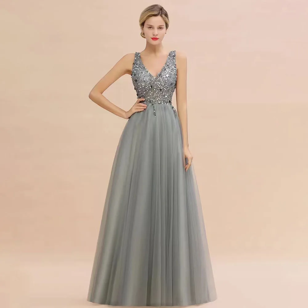 

grey V Neck Prom Dresses Women Sequins Sparkly Beads Tulle Sexy Backless Evening Dress Backless Formal Party Robe Vestidos