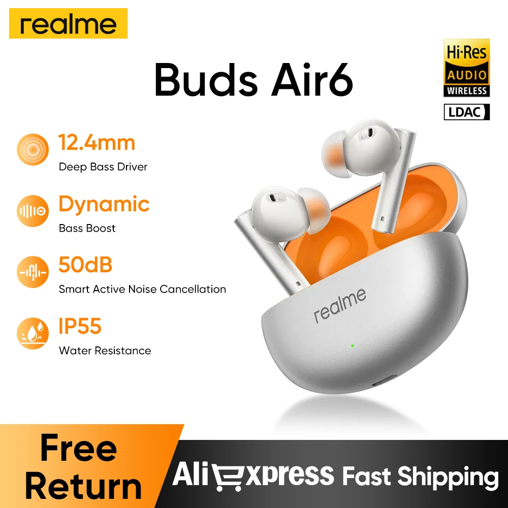 Realme Buds Air 6 auricolare Wireless 50dB Active Noise Cancelling Bluetooth 5.3 cuffie con durata della batteria di 40 ore