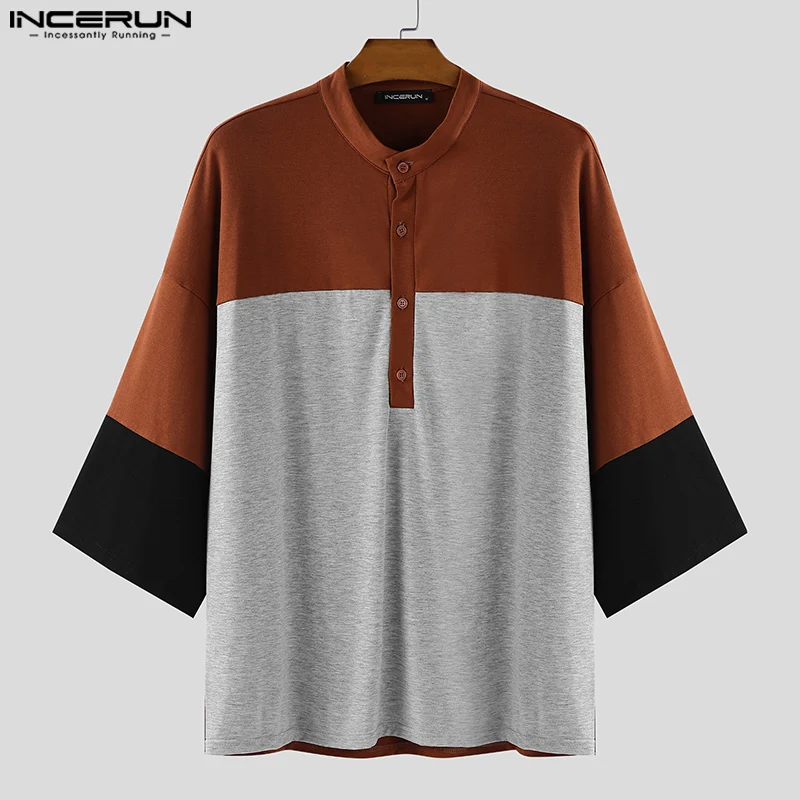 

INCERUN Мужская рубашка в стиле пэчворк с рукавами 3/4, свободная повседневная мужская одежда с цветными блоками, уличная одежда в корейском стиле, модные мужские рубашки S-5XL