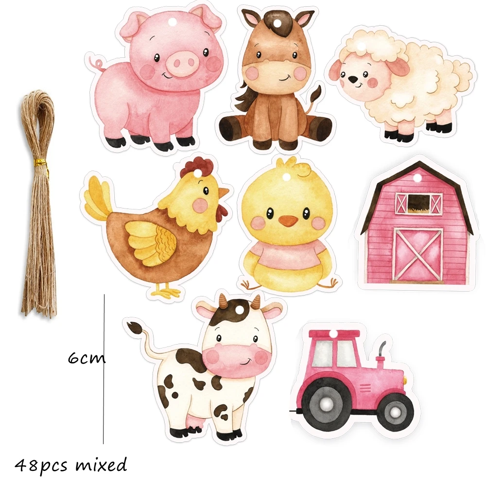 Farm Animal Paper Hanging Tags Carton Stickers for Kids Farm Themed Happy Birthday Party Decoration DIY Gifts Wrapping Supplies