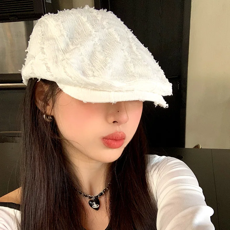 Women's Cute Hat Sweet Cool Style Korean Style White Versatile Solid Color Beret Artistic Retro Newsboy Painter's Hat Kawaii Cap