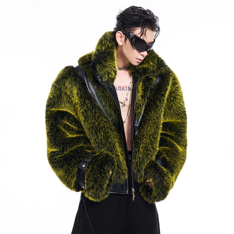 LUZHEN Short Light Luxury Faux Fur Coat Personalized Patchwork Leather Male Stylish Winter Outerwear High End Streetwear LZ8073