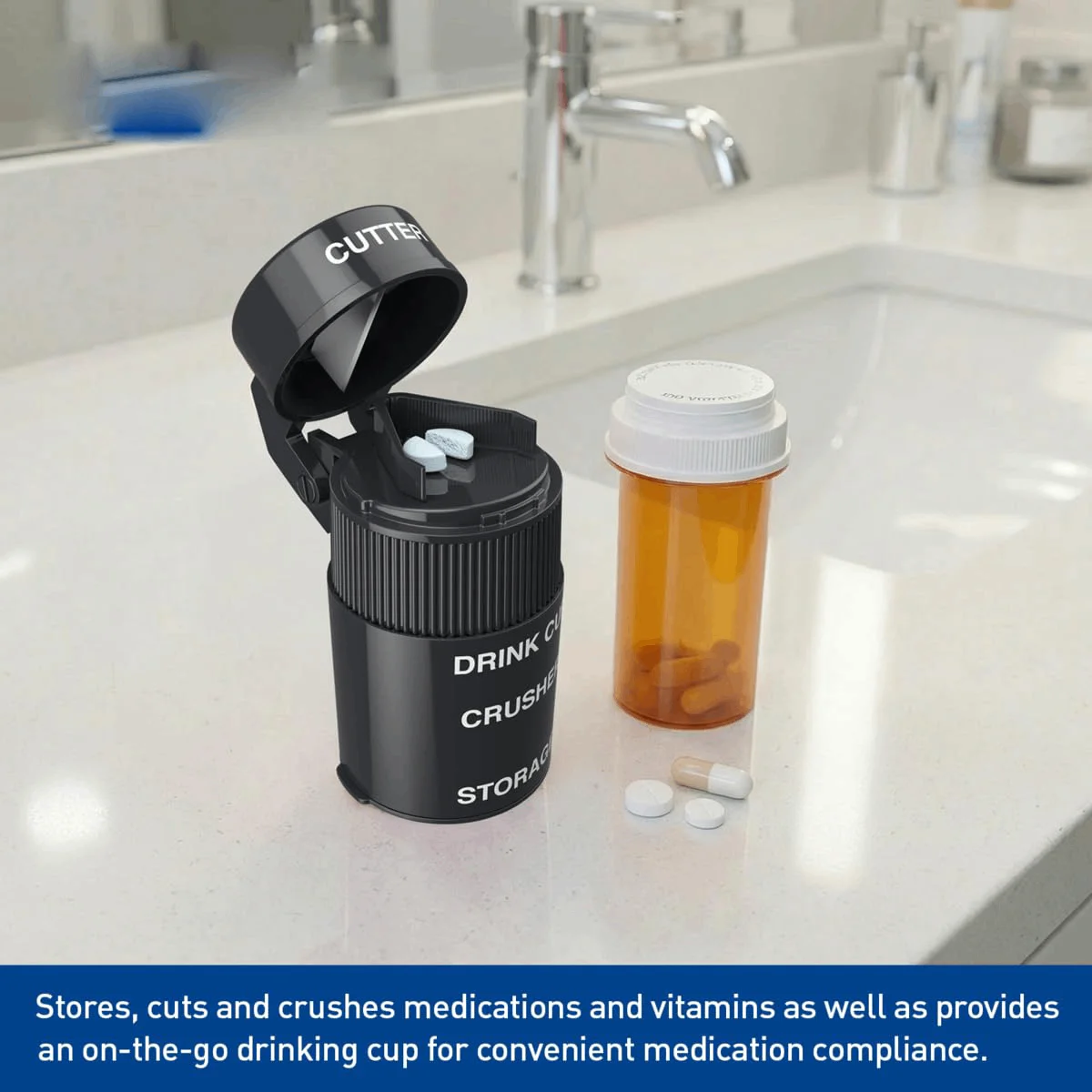 1pc 2 IN1 Pill Crusher, Creative Cutter And Grinder For Pills, Vitamins, Tablets, Stainless Steel Blade, Removable Drinking Cup