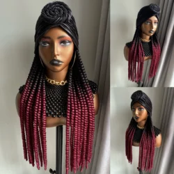 WIGERA Long Ombre Black Burgundy Synthetic Havana Mambo Twist Braided Hair Extensions Spring Braiding With Black Headband Turban