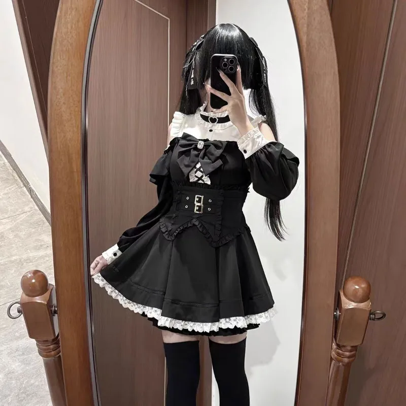 

Women Kawaii Cute Short Sleeve Shirt Japanese Gothic Y2k Lolita Rhinestone Bow Dress Shorts Set