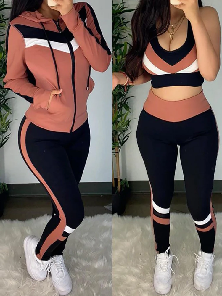 Colorblock Crop Top & High Waist Pants & Hooded Coat Set Casual Women 3 Piece Set Outfits Sleeve Style Clothing Length Collar