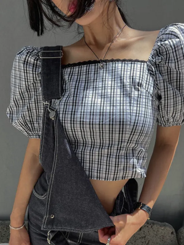 Fashionable Plaid Short Sleeve Shirt for Women Square Collar Bubble Sleeve Pure Desire Style Summer Korean Slim Fit Shirt