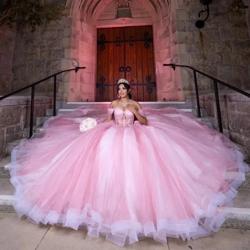 Angelsbridep Baljurk Roze Quinceanera Jurken Kralen Kristallen Kanten Appliques Tull Sweet 16 15 Verjaardagsfeestje Vestido De 15 Anos