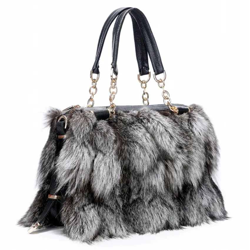 Damska luksusowa torba na ramię z prawdziwego futra naturalna puszyste futro lisa torba Crossbody damska designerska modna torebka o dużej pojemności