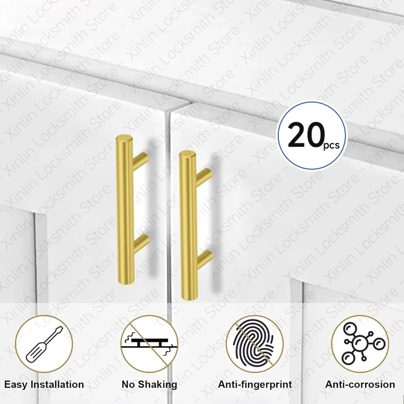 

20 Pack Stainless Steel Cabinet Handles T Bar Brushed Gold Furniture Handle Cabinet Pull with Cuttable Bamboo Screw