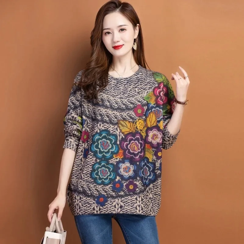 

Middle Aged Mother Bottoming Shirt Autumn Winter Half High Neck Retro Printed Tops 6XL Large Size Women Casual Pullover T-shirts