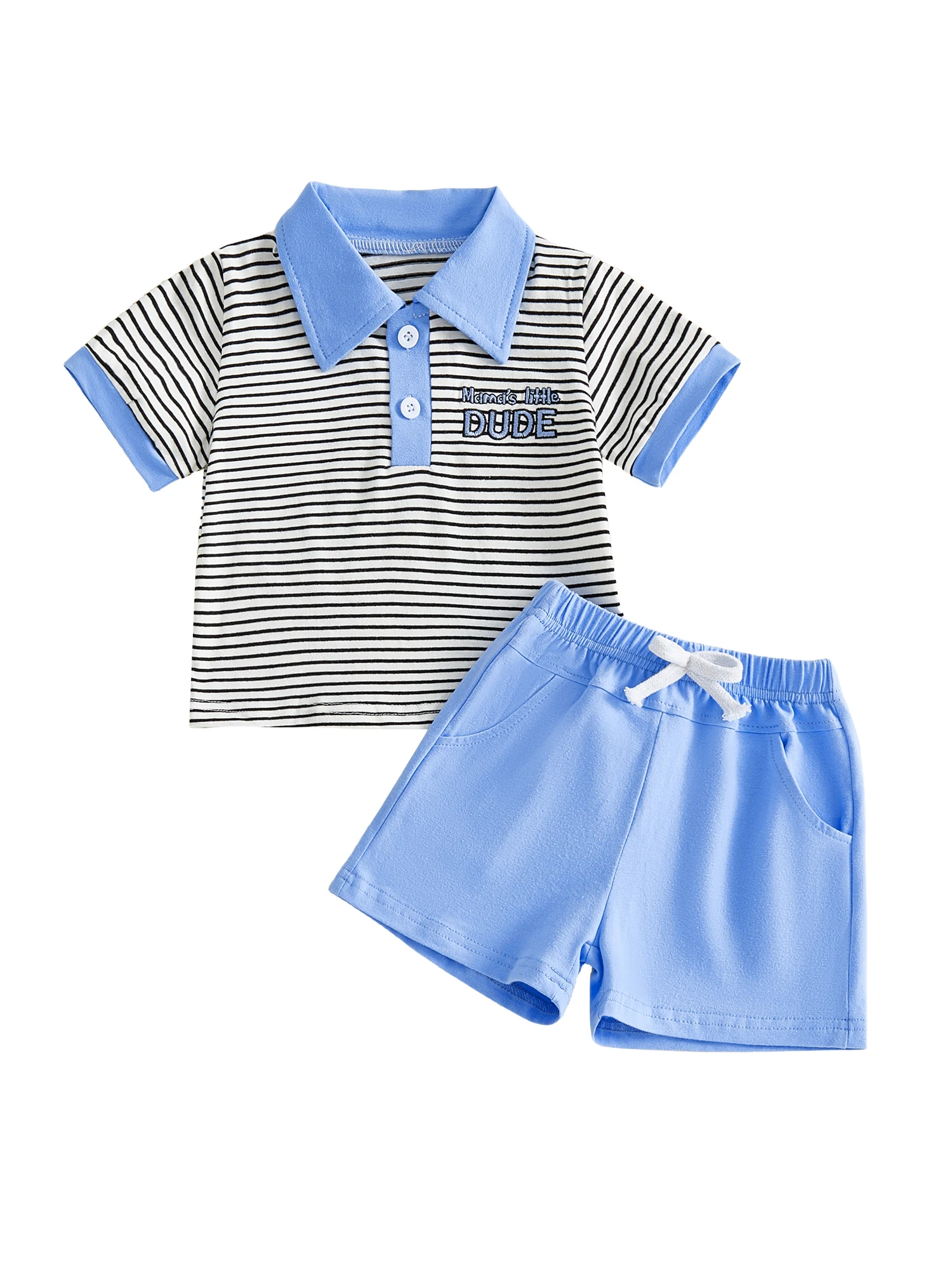 

Boys Summer Outfit Set with Short Sleeve Lapel Shirt featuring Letter Embroidery Striped Tops and Solid Color Shorts