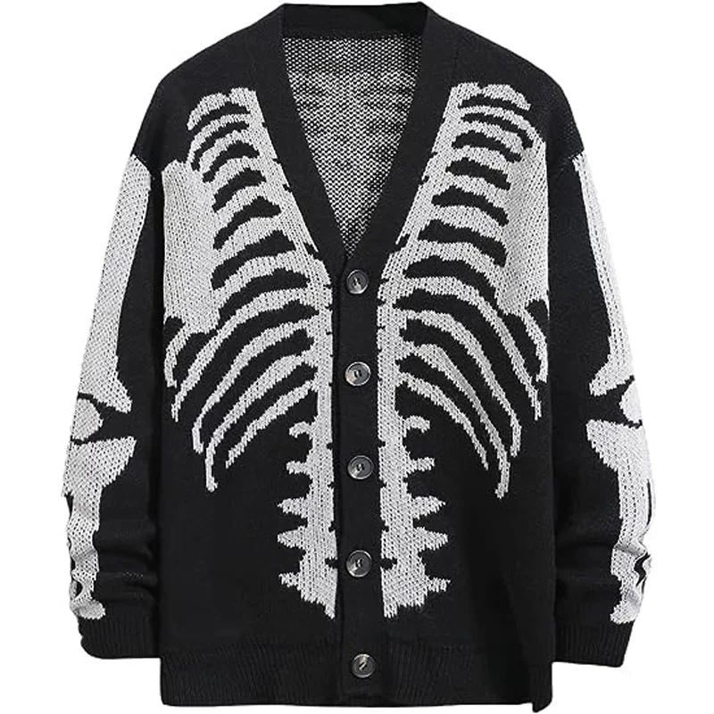 

Autumn Winter Knit Sweater Coat 2023 Halloween Skull Knitted Cardigan Women Loose Female V Neck Coat Long Sleeve Tops Jacket