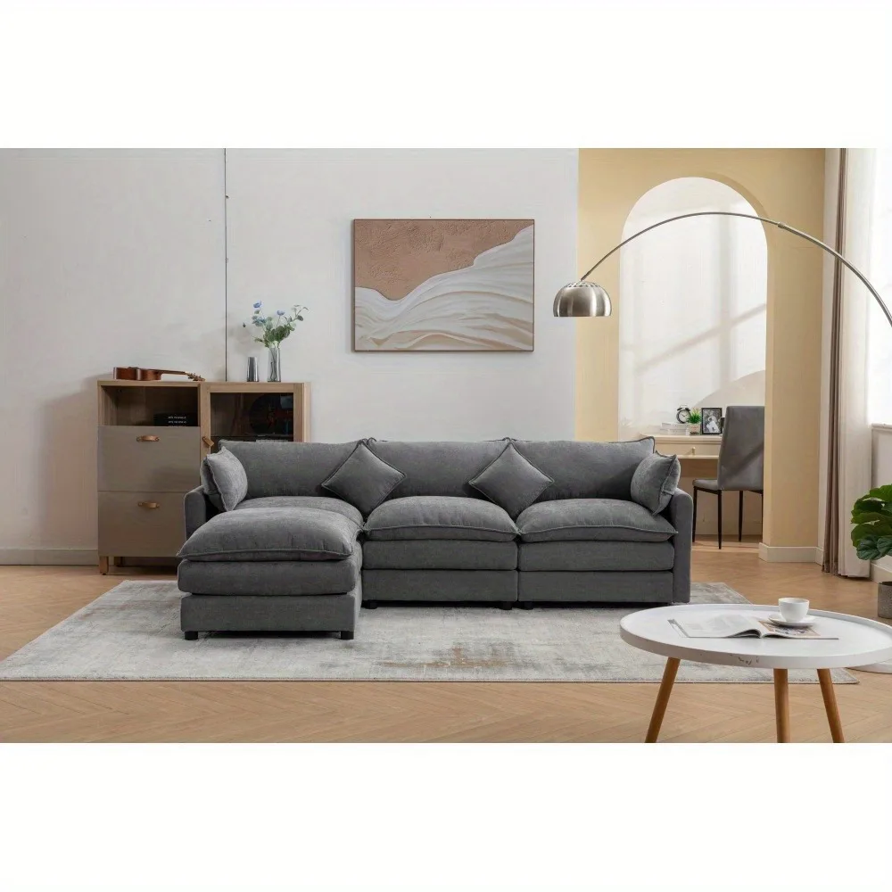 Modular Sectional Sofa, 3-Seater Sofa with Ottoman, Modern L-Shaped Sofa for Living Room Bedroom Apartment