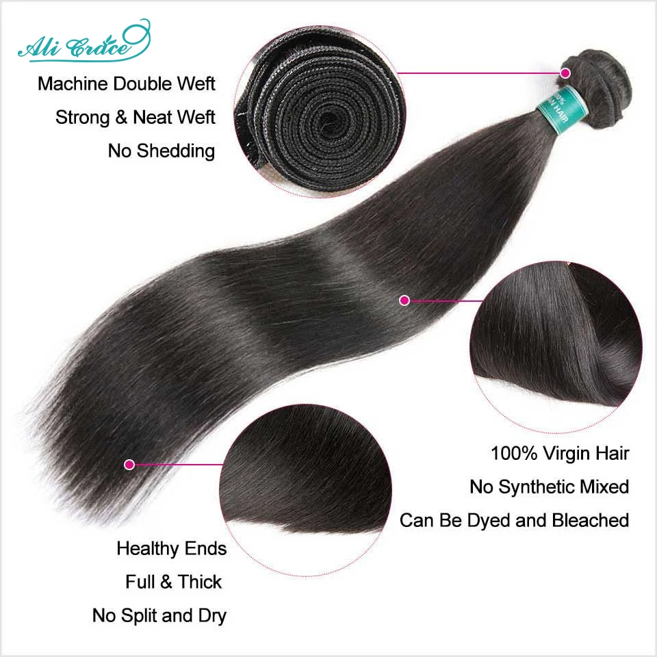 ALI GRACE Indian Straight Hair 3 Pcs Human Hair Bundles Remy Hair Extention 10-28 Inches Natural Color Straight Hair 3 Bundles