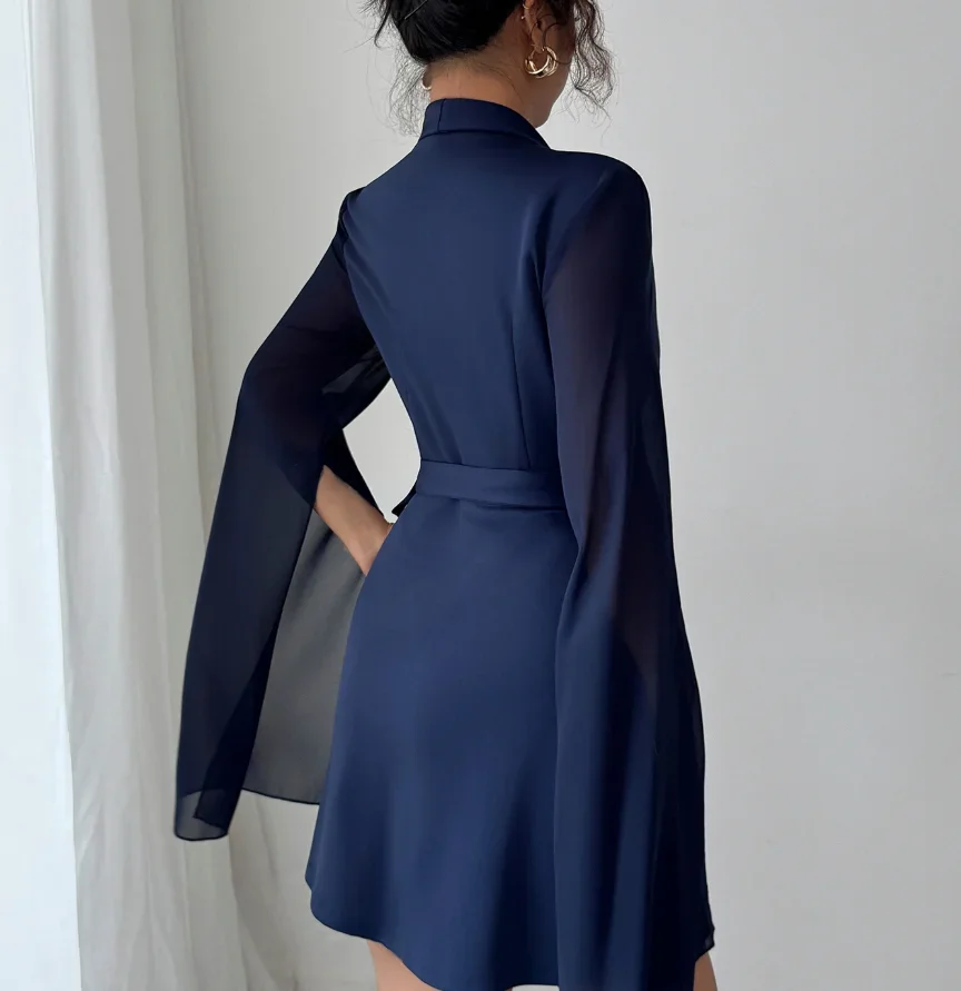 

Women's Elegant Long Sleeve Tied Dress Basic Style Female Daily Clothing Temperament Commuting Navy Blue Female Fashion Dresses
