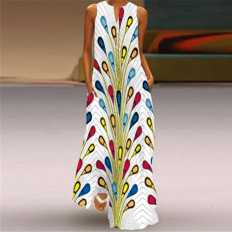 Fashionable bohemian colorful peacock feather design V-neck ankle-length sleeveless dress