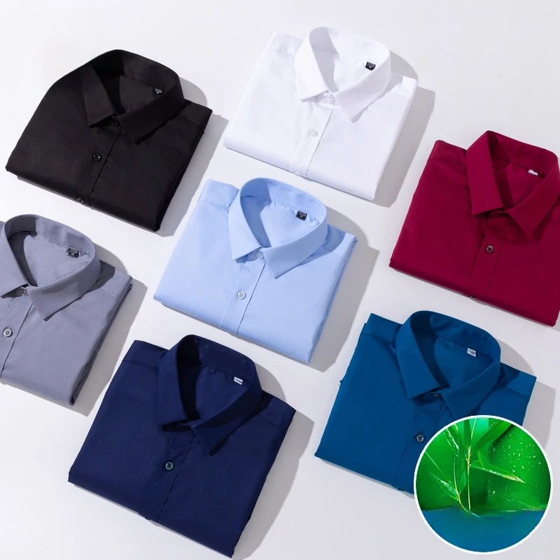 8XL Bamboo Fiber Men Shirt Long Sleeve Casual Big Size Shirts Men Slim Fit Solid color Office Blue White Shirts Men Long Sleeve