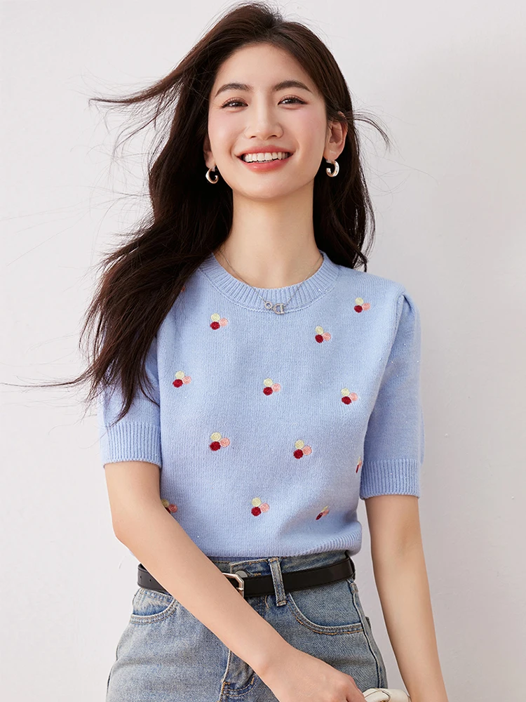 Summer Floral Embroidery Sweaters for Women Short Sleeve Knitted Tops Knitwears Pullovers Fashion Versatile Casual Top