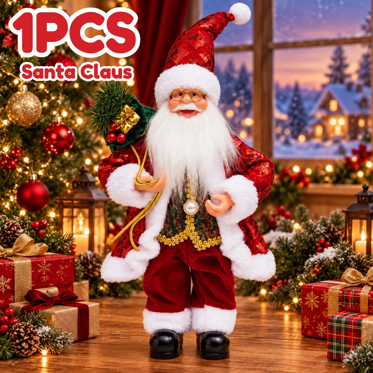 1pc Standing Santa Claus Figurine Collectible Red Sequin Clothes Christmas Ornament for Christmas