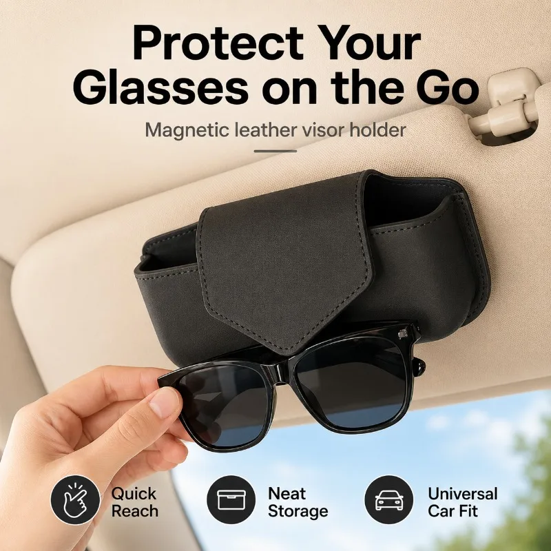 

Clip-On Car Glasses Case for Sun Visor, Leather Sunglasses Organizer with Magnetic Closure for Eyewear Storage