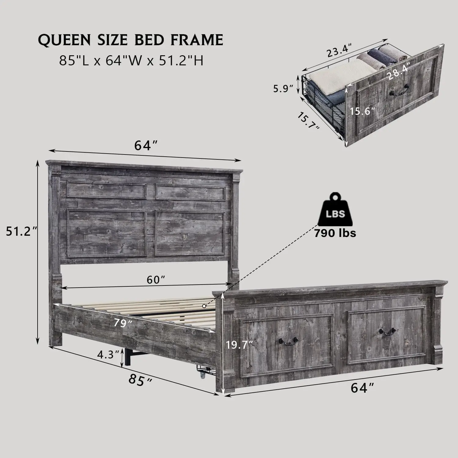 Farmhouse Queen Size Bed Frame, with 51