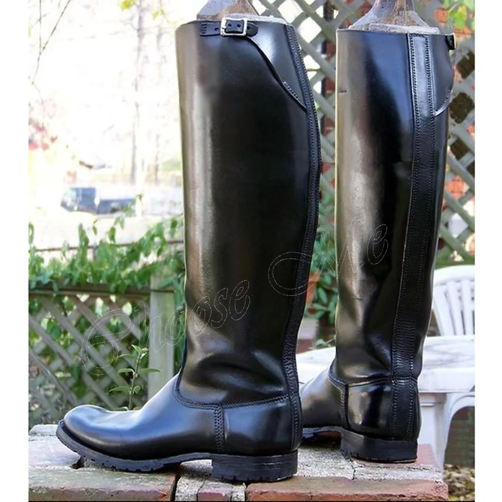 Black Sew Slip on Men\'s Knight\'s Boots Solid Soft Leather Round Toe Knee High Shoes for Men Shoes Zapatos Para Hombres