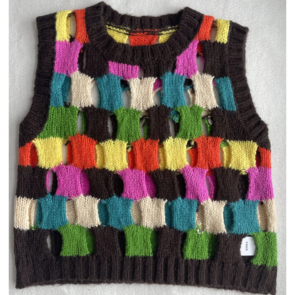 Women Wool Blend Hollow-out Handmade Colorful Sweater Vest 2023 Autumn Winter Korean Fashion